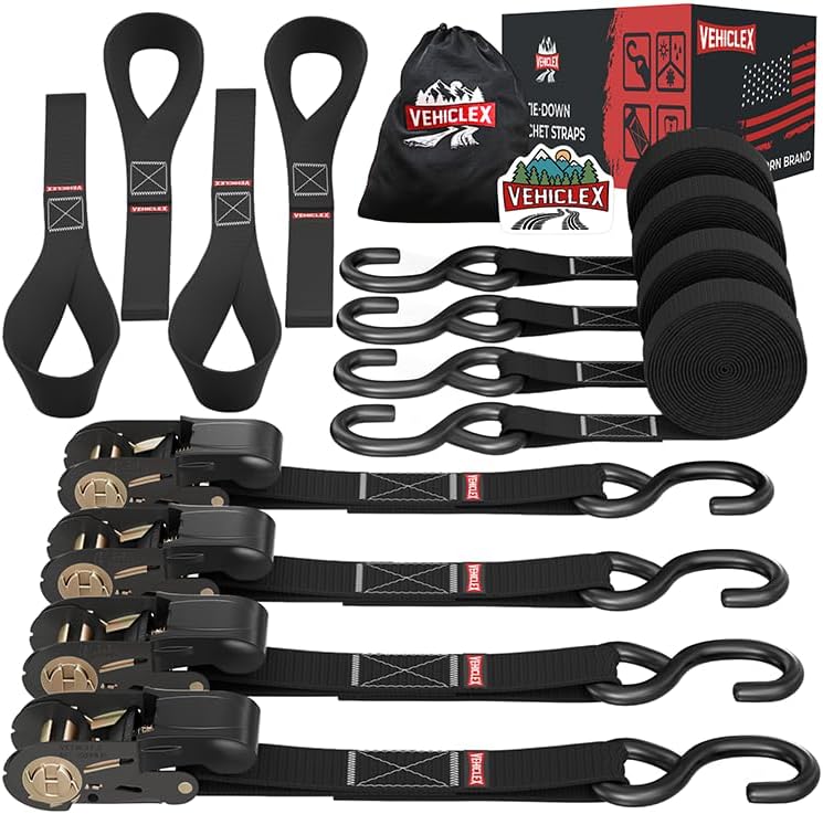 Vehiclex Ratchet Tie Down Straps (1,800 lbs Break Strength) - 15 Ft Versatile Straps for Powersports, Garage, and Outdoor Use - Soft Loops, Deep S-Hooks & Comfort Grip Handle (4 Pack, Black) - Image 1